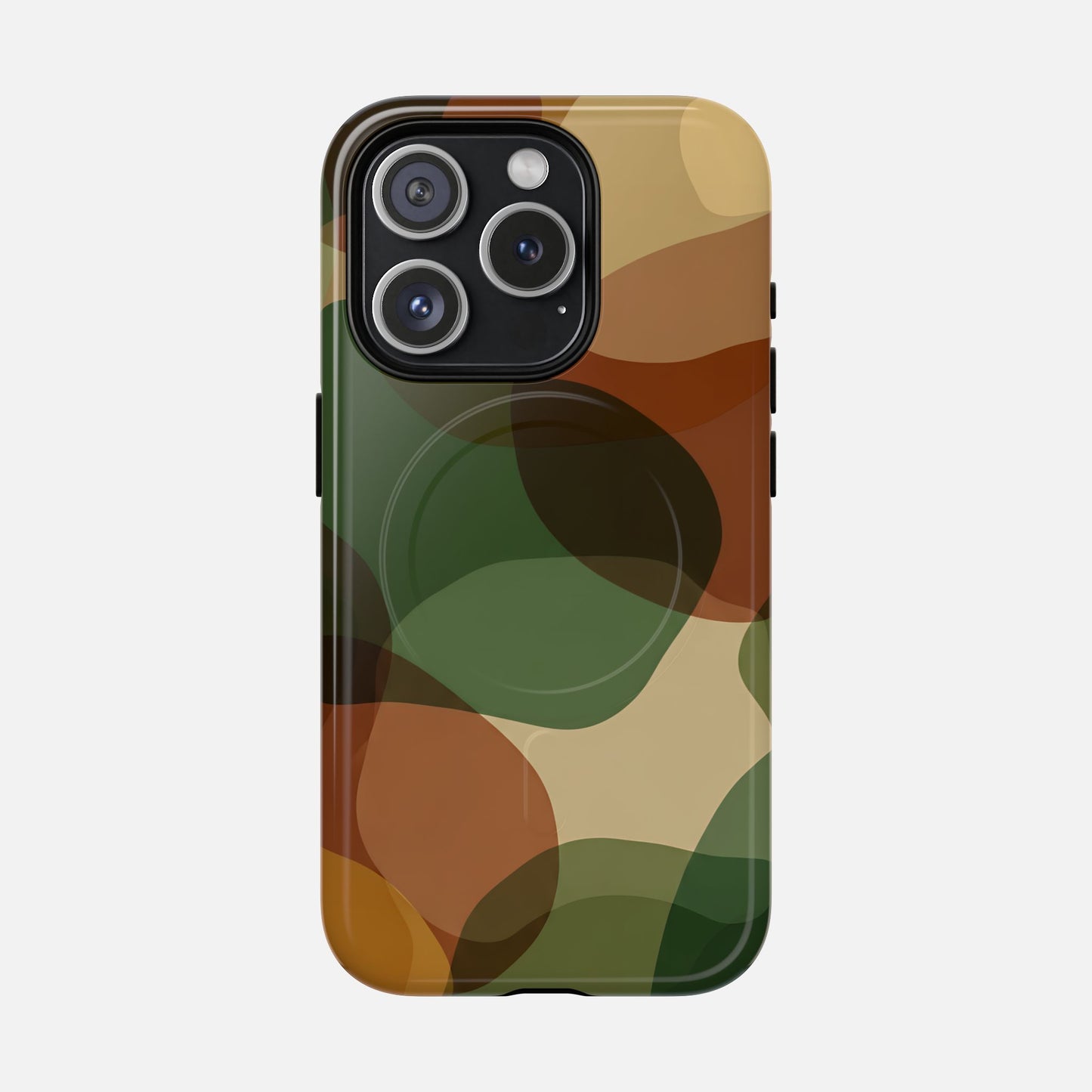 Camouflage phone case with green, brown, and tan pattern for iPhone 14 Pro