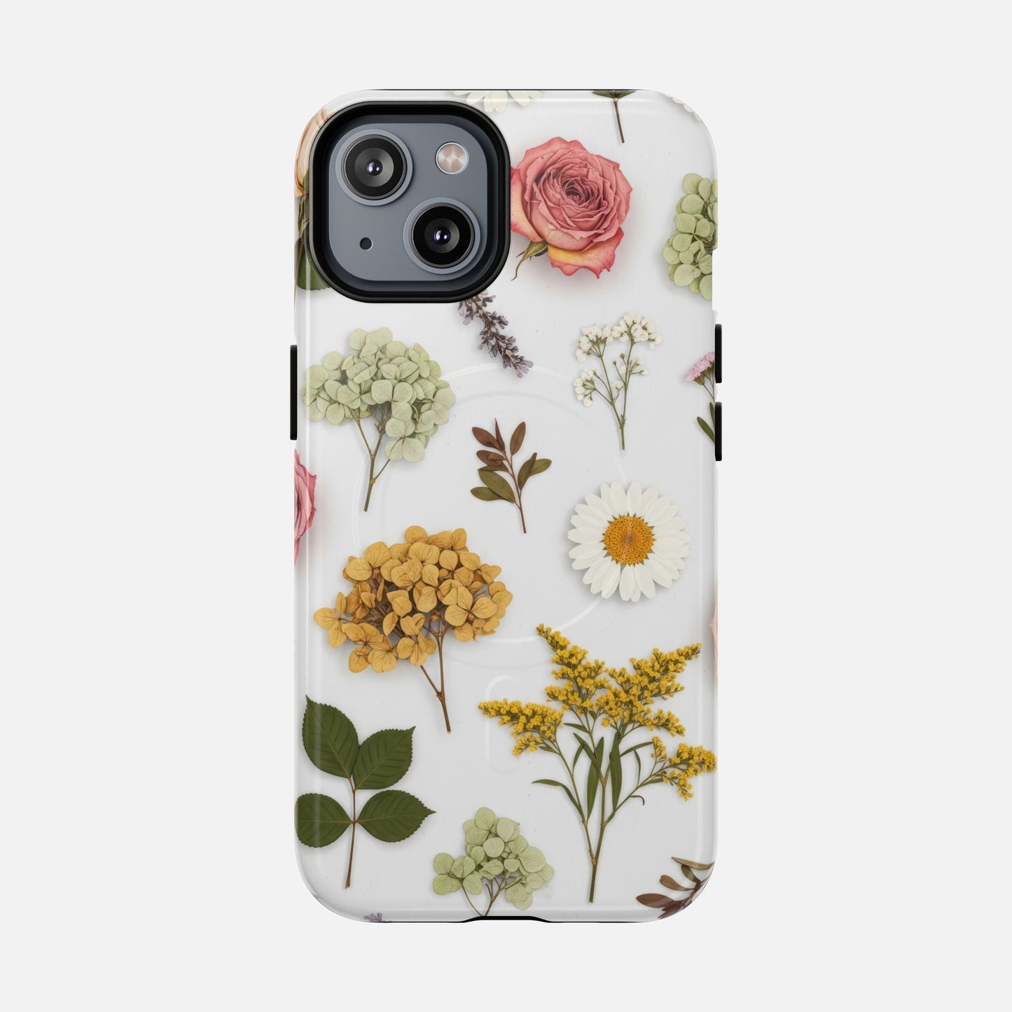 Floral Pressed Flower Tough Magnetic Phone Case — Botanical Dried Flowers Design iPhone 14 Glossy Phone Case