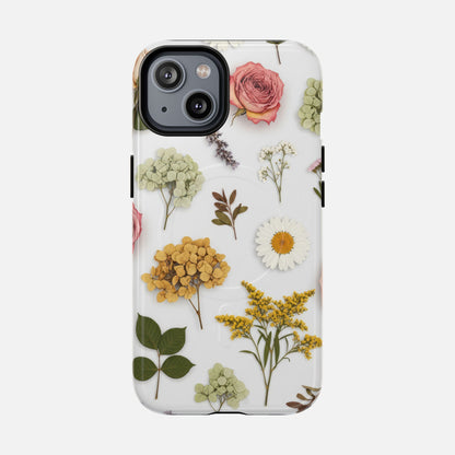 Floral Pressed Flower Tough Magnetic Phone Case — Botanical Dried Flowers Design iPhone 14 Glossy Phone Case