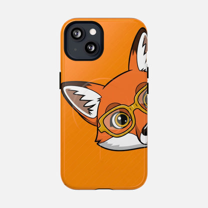Cute fox with glasses phone case, orange background, creative design for iPhone