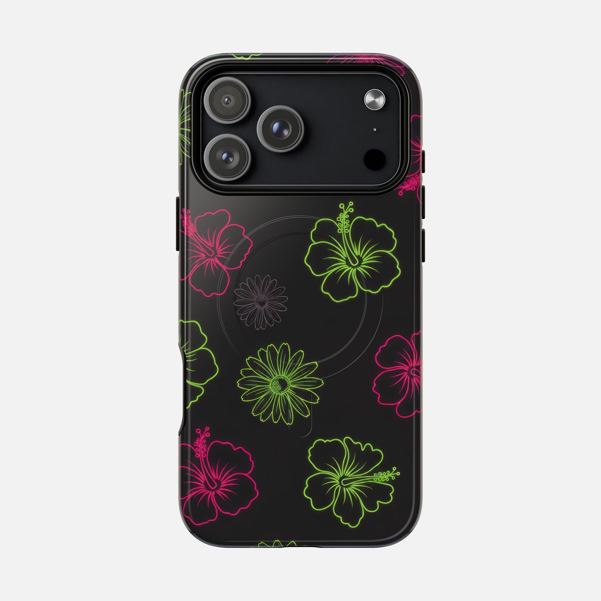 Neon Hibiscus Tough Magnetic Phone Case — Tropical Floral Protective Cover iPhone 17 Pro Max Glossy Phone Case