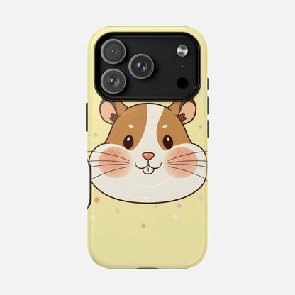 Cute hamster phone case with pastel yellow background and polka dots, featuring cartoon animal design for iPhone