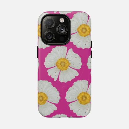 Pink phone case with white flowers and yellow centers, floral design for iPhone