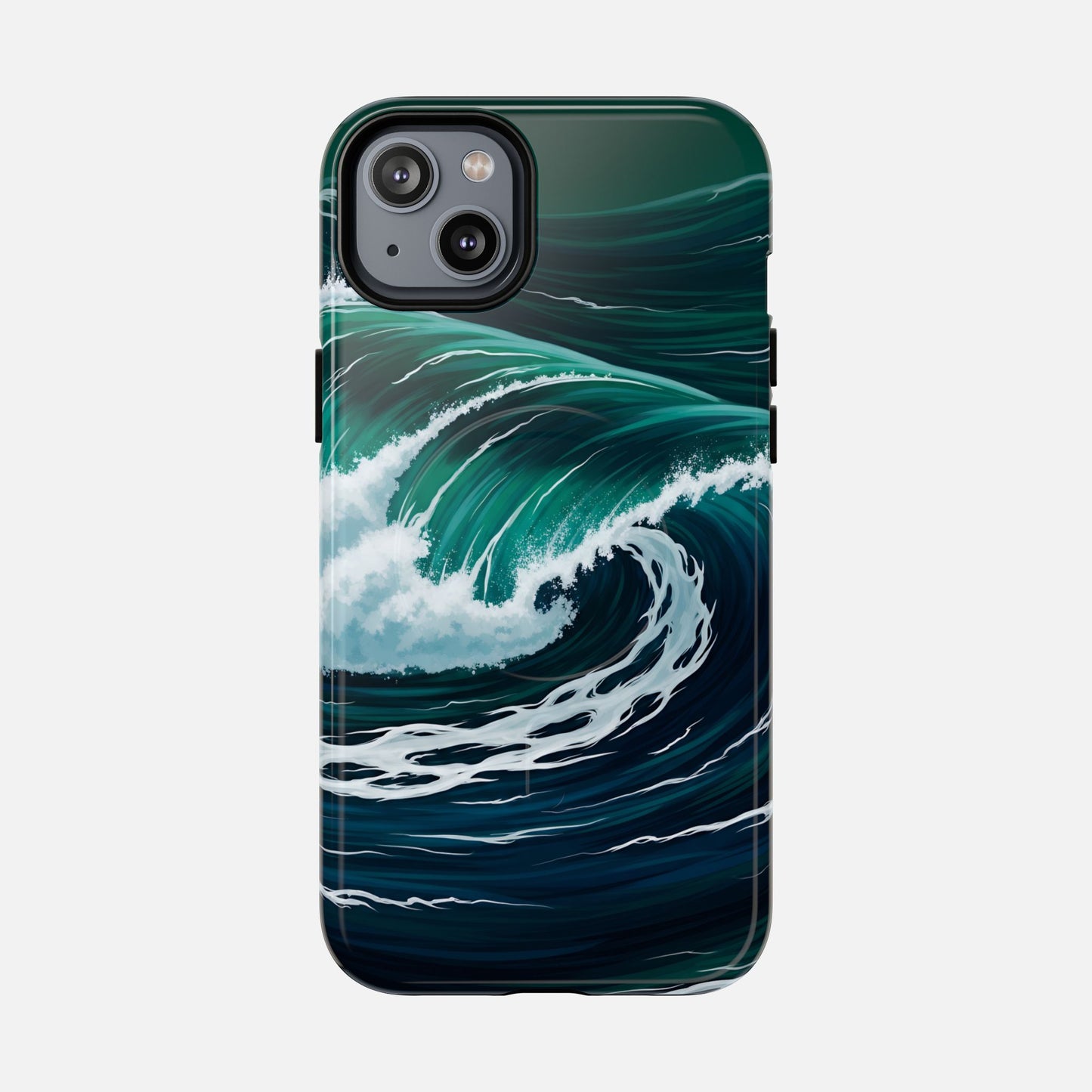 Ocean wave phone case with teal and navy surf design for iPhone