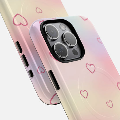 Pastel gradient phone case with pink hearts, designed for iPhone Pro models, featuring precise camera cutout and stylish protection.