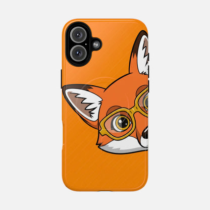 Orange phone case with cute cartoon fox wearing glasses, creative design for iPhone