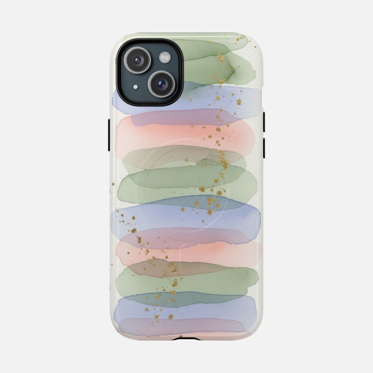 Pastel watercolor phone case with gold glitter accents, modern abstract design for iPhone