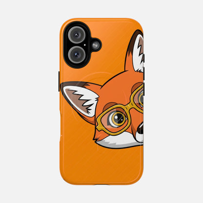 Cute fox with glasses phone case, orange background, creative design for iPhone
