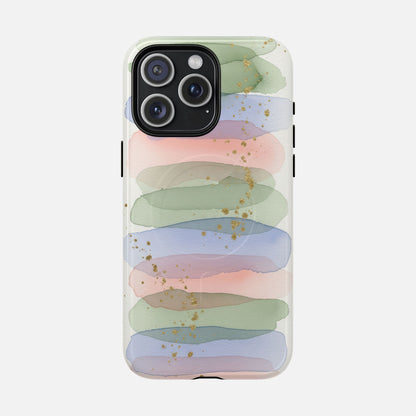 Pastel watercolor phone case with gold glitter, modern abstract design for iPhone