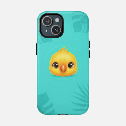 Cute yellow chick phone case with tropical leaves on teal background, creative design for iPhone