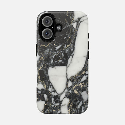 Black and white marble phone case with gold veining on a smartphone