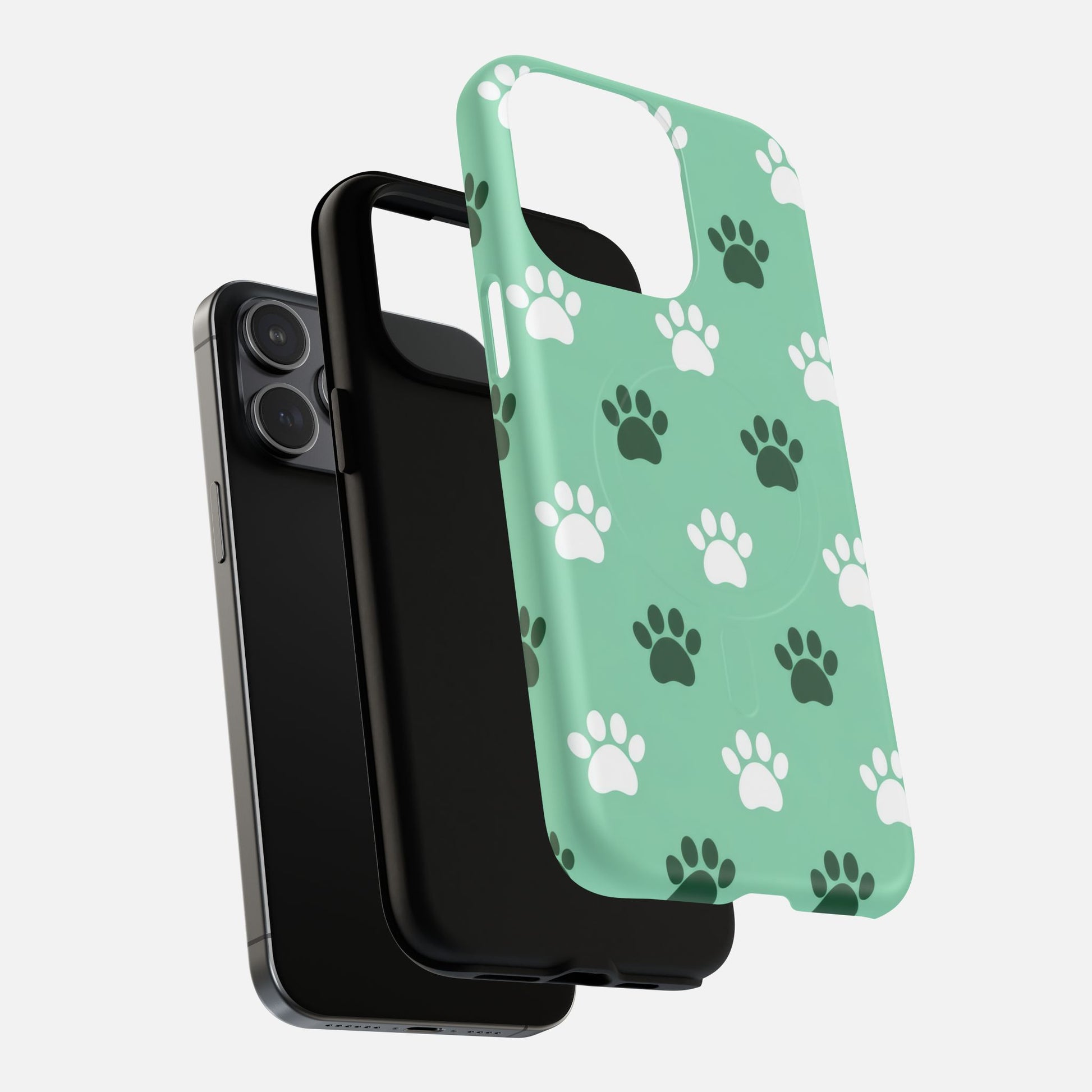 Mint green phone case with white and dark green paw print pattern, shown with black phone and case