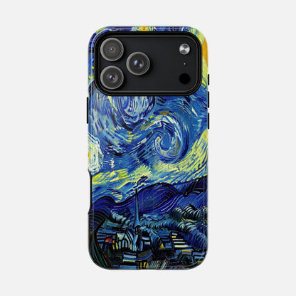 iPhone case with Van Gogh's Starry Night artwork, vibrant blue and yellow swirls, creative phone protection