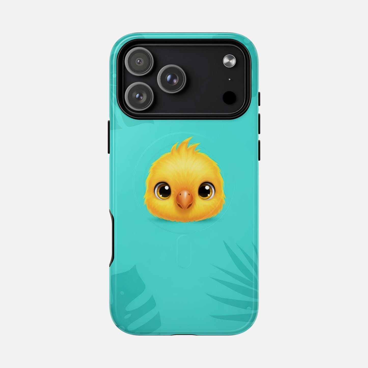 Cute yellow chick phone case with teal background and tropical leaves, designed for iPhone