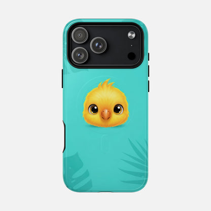 Cute yellow chick phone case with teal background and tropical leaves, designed for iPhone