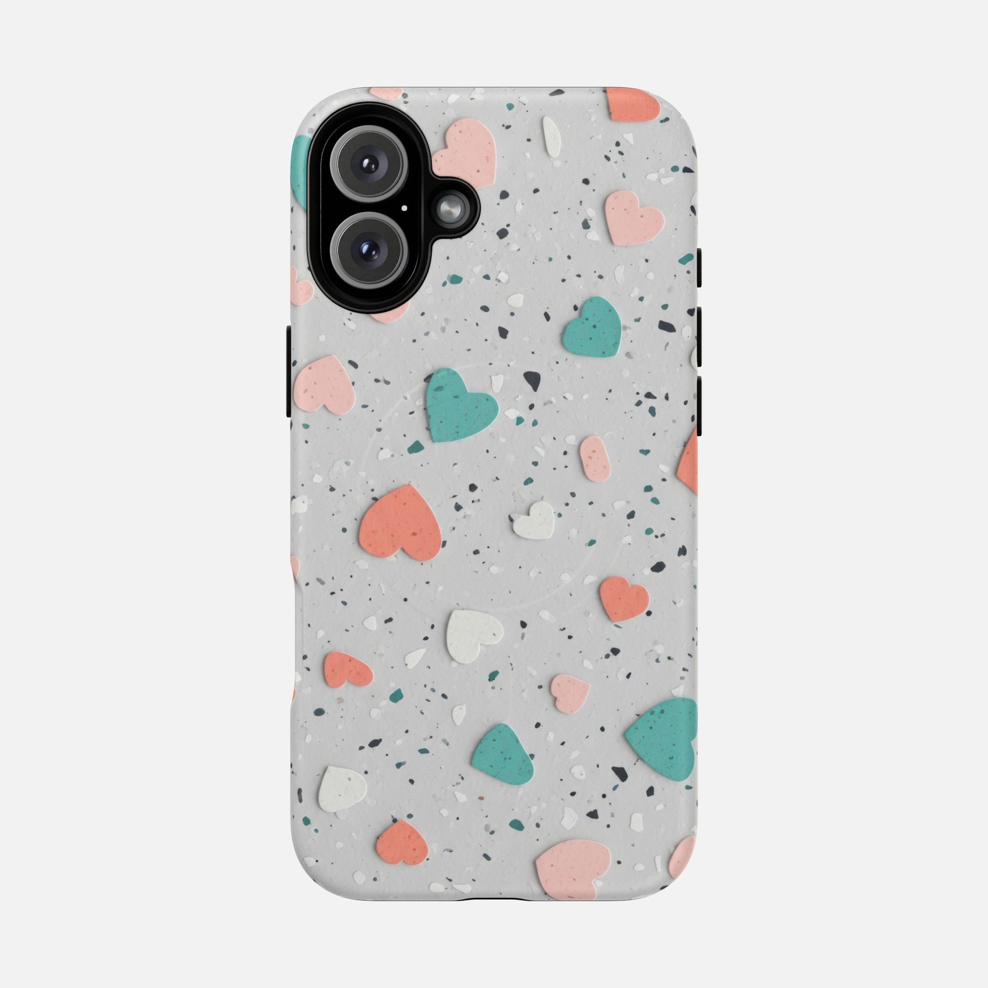 Heart Confetti Tough Magnetic Phone Case — Colorful Terrazzo Love Design iPhone 16 Plus Matte Phone Case