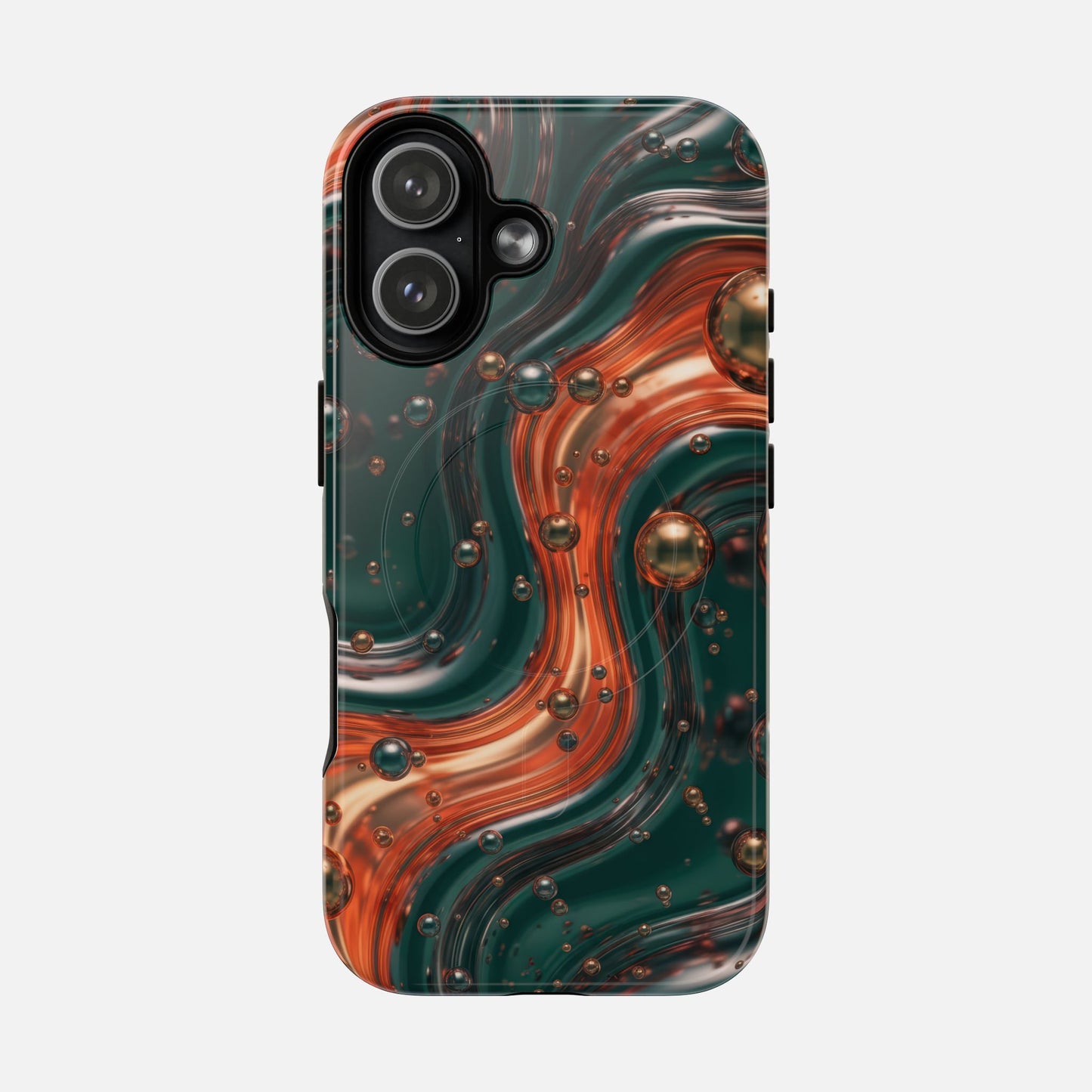Magnetic Phone Case — Emerald & Copper Liquid Swirl Protective Cover iPhone 17 Glossy Phone Case