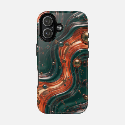 Magnetic Phone Case — Emerald & Copper Liquid Swirl Protective Cover iPhone 17 Glossy Phone Case