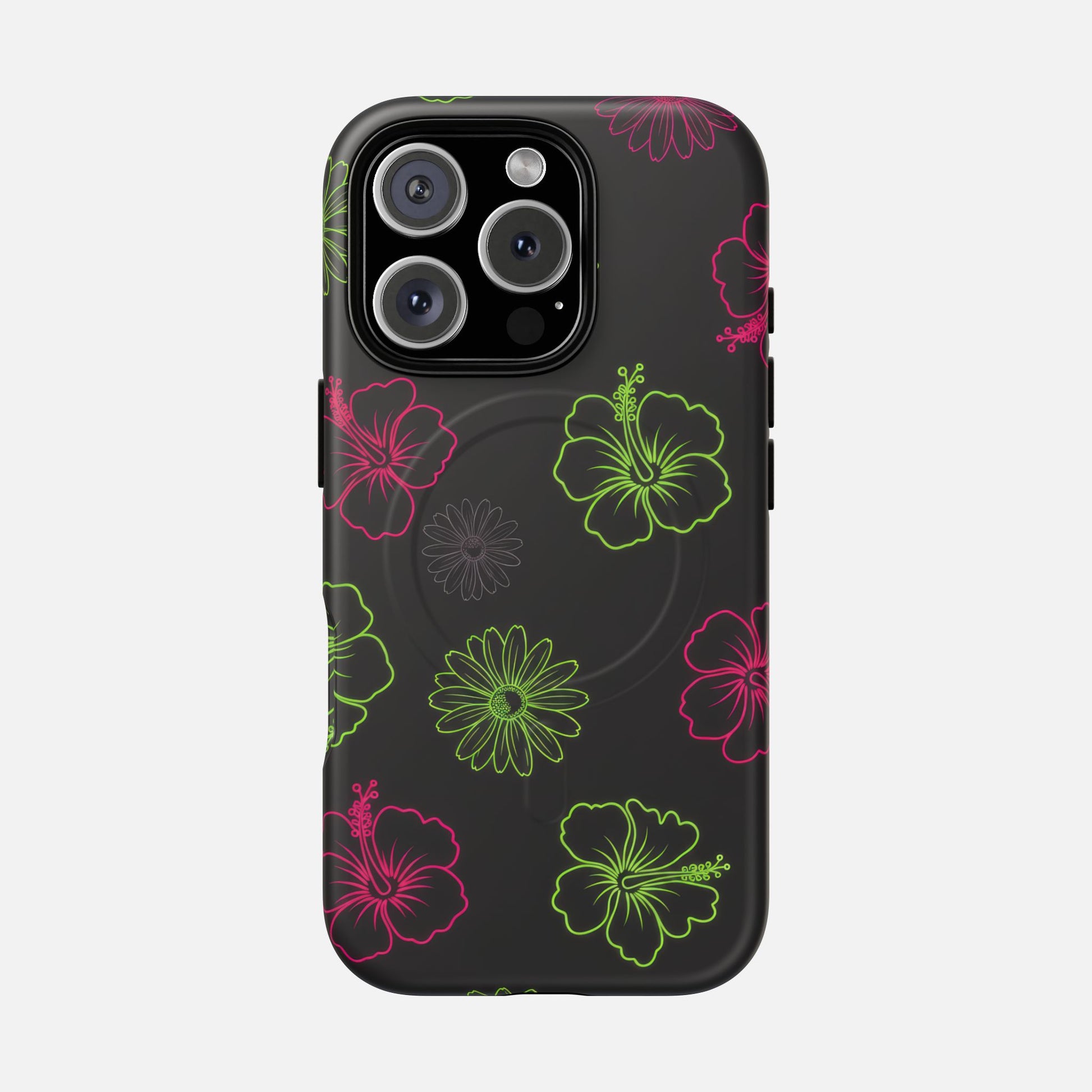 Neon Hibiscus Tough Magnetic Phone Case — Tropical Floral Protective Cover iPhone 16 Pro Matte Phone Case