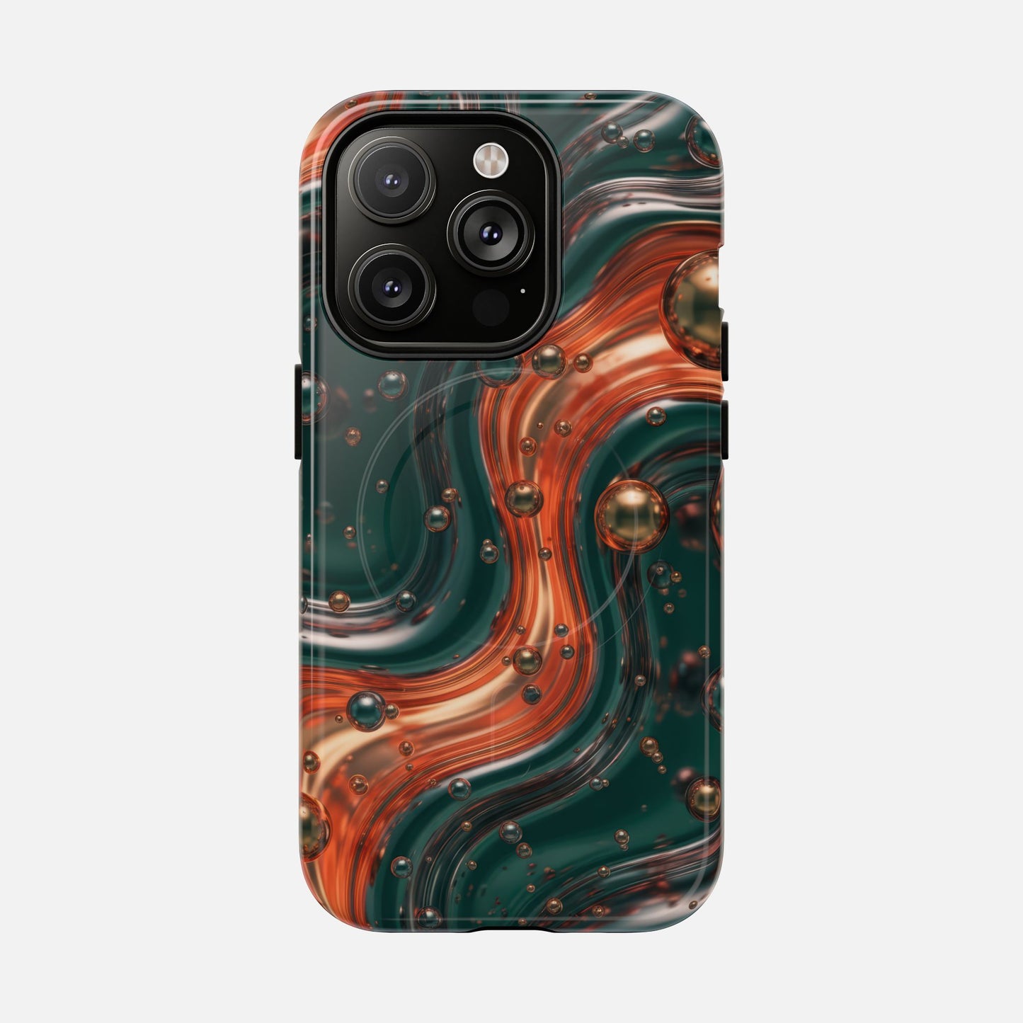 Magnetic Phone Case — Emerald & Copper Liquid Swirl Protective Cover iPhone 14 Pro Glossy Phone Case