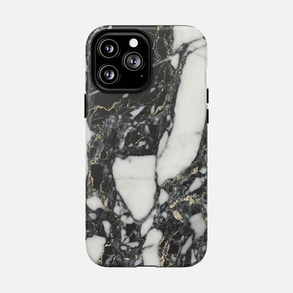 Black and white marble pattern phone case with gold accents, modern protective design