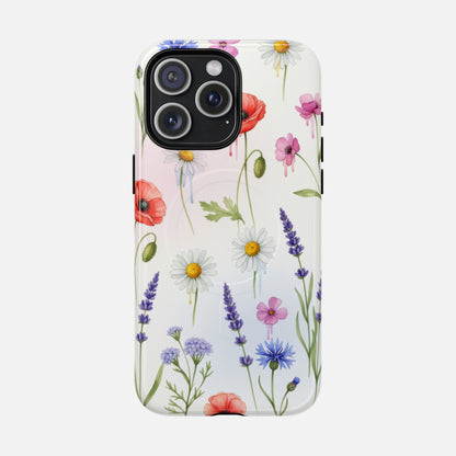Floral Wildflower Tough Magnetic Phone Case — Poppies, Daisies & Lavender iPhone 15 Pro Max Glossy Phone Case