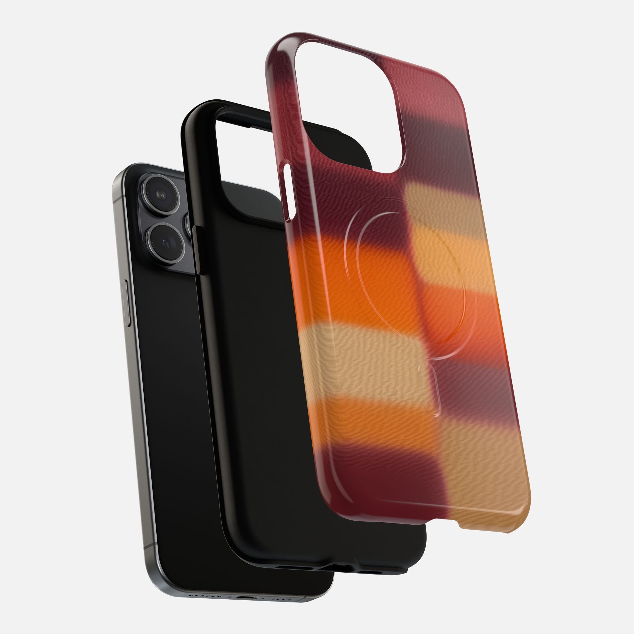 Colorful gradient phone case with modern design, compatible with iPhone models, featuring wireless charging cutout