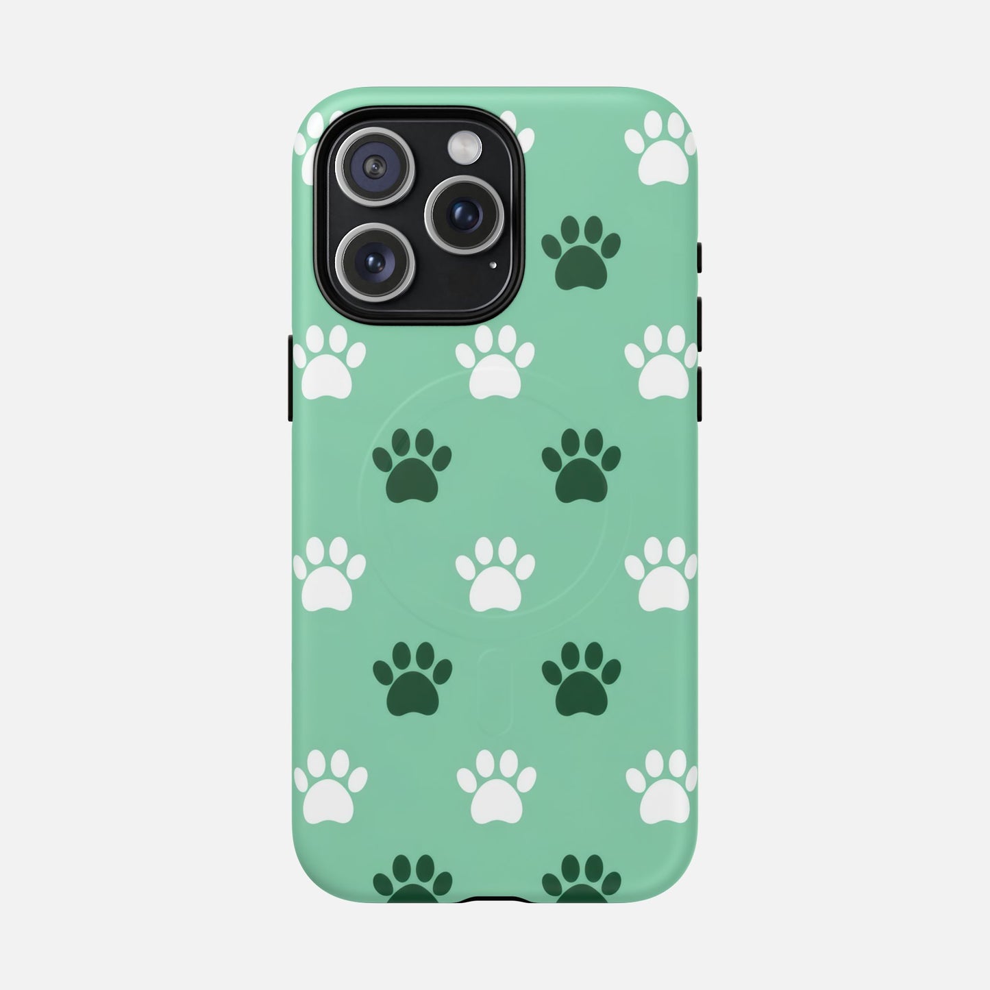 Mint green phone case with white and dark green paw print pattern, fits iPhone Pro model