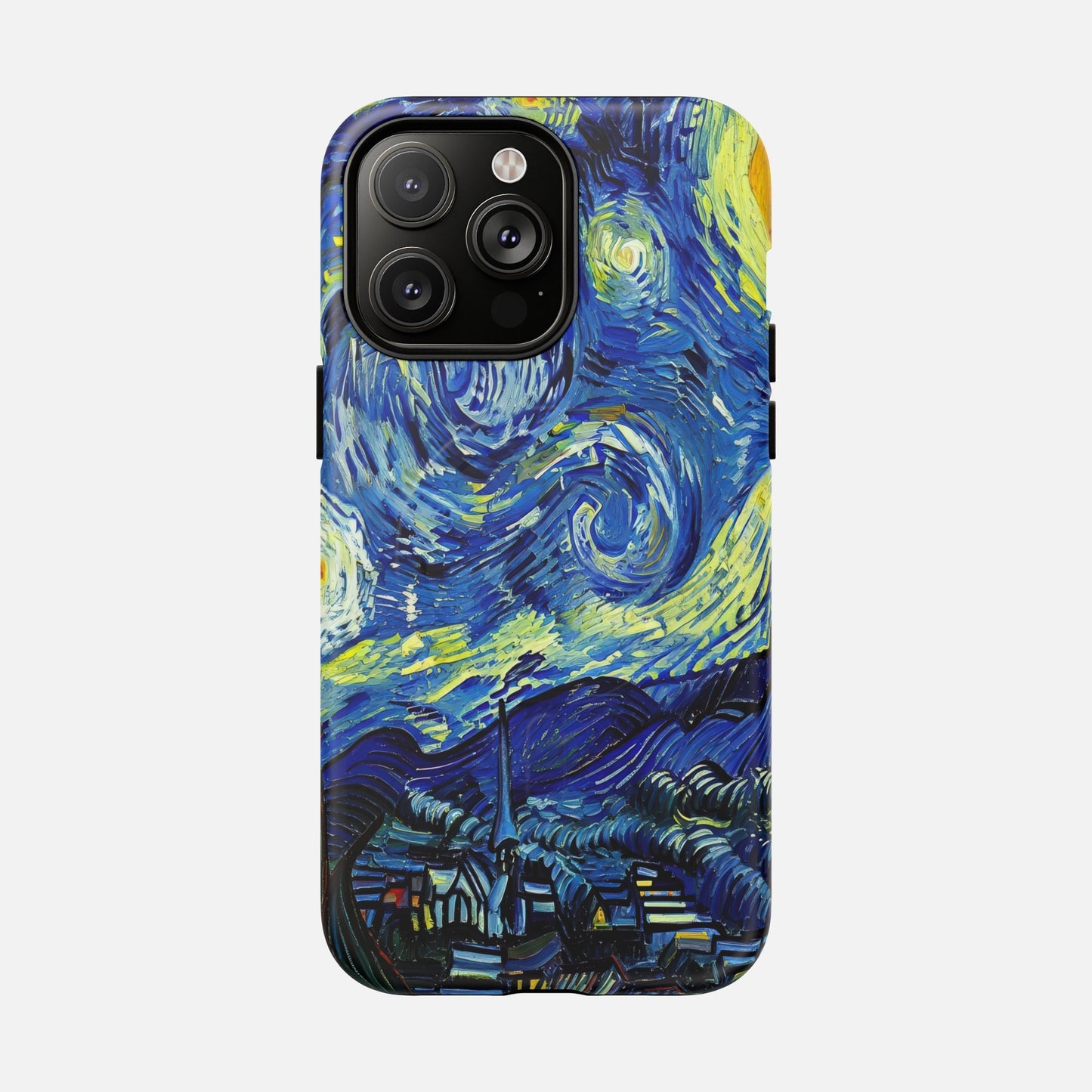 iPhone case with Van Gogh's Starry Night artwork, blue and yellow swirls, creative phone protection