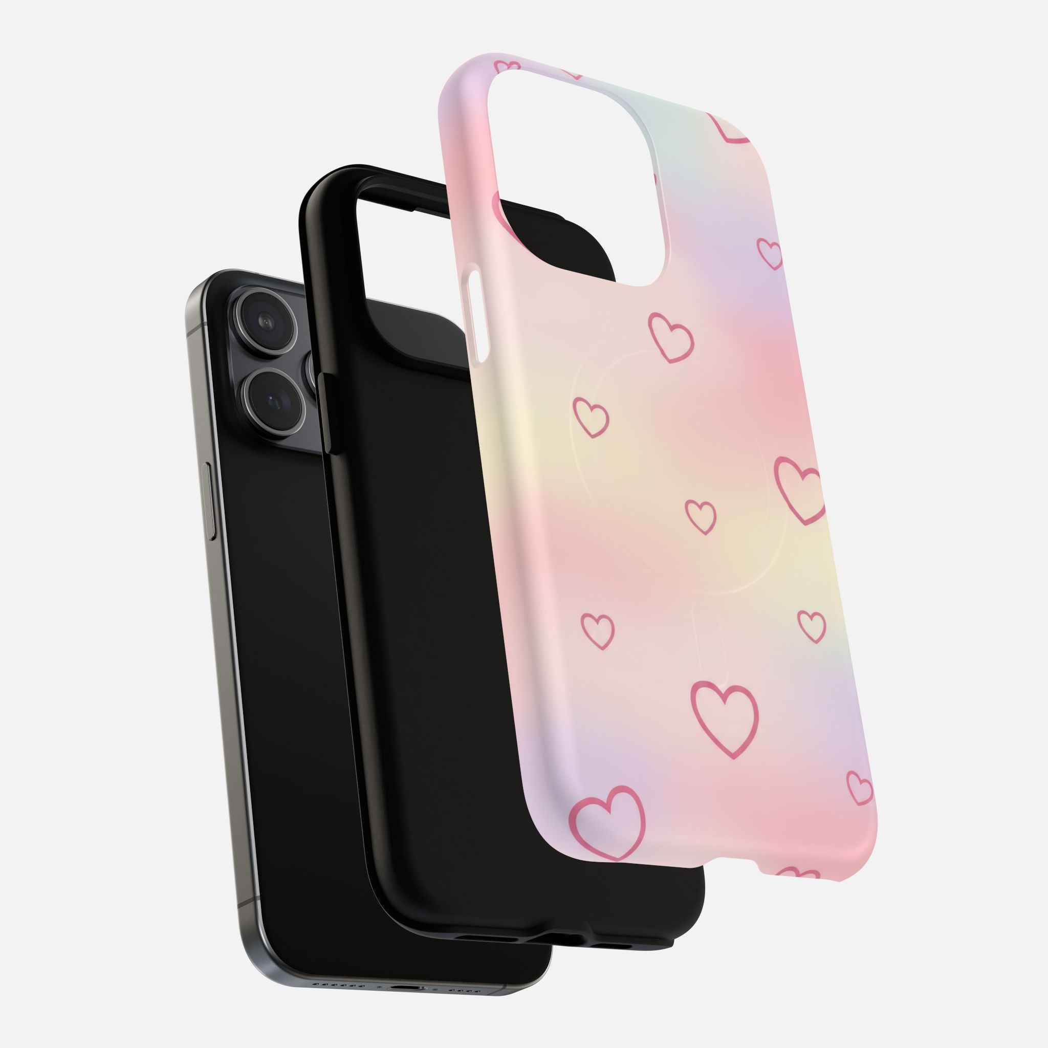Pastel gradient phone case with pink heart pattern, fits iPhone, stylish protective cover
