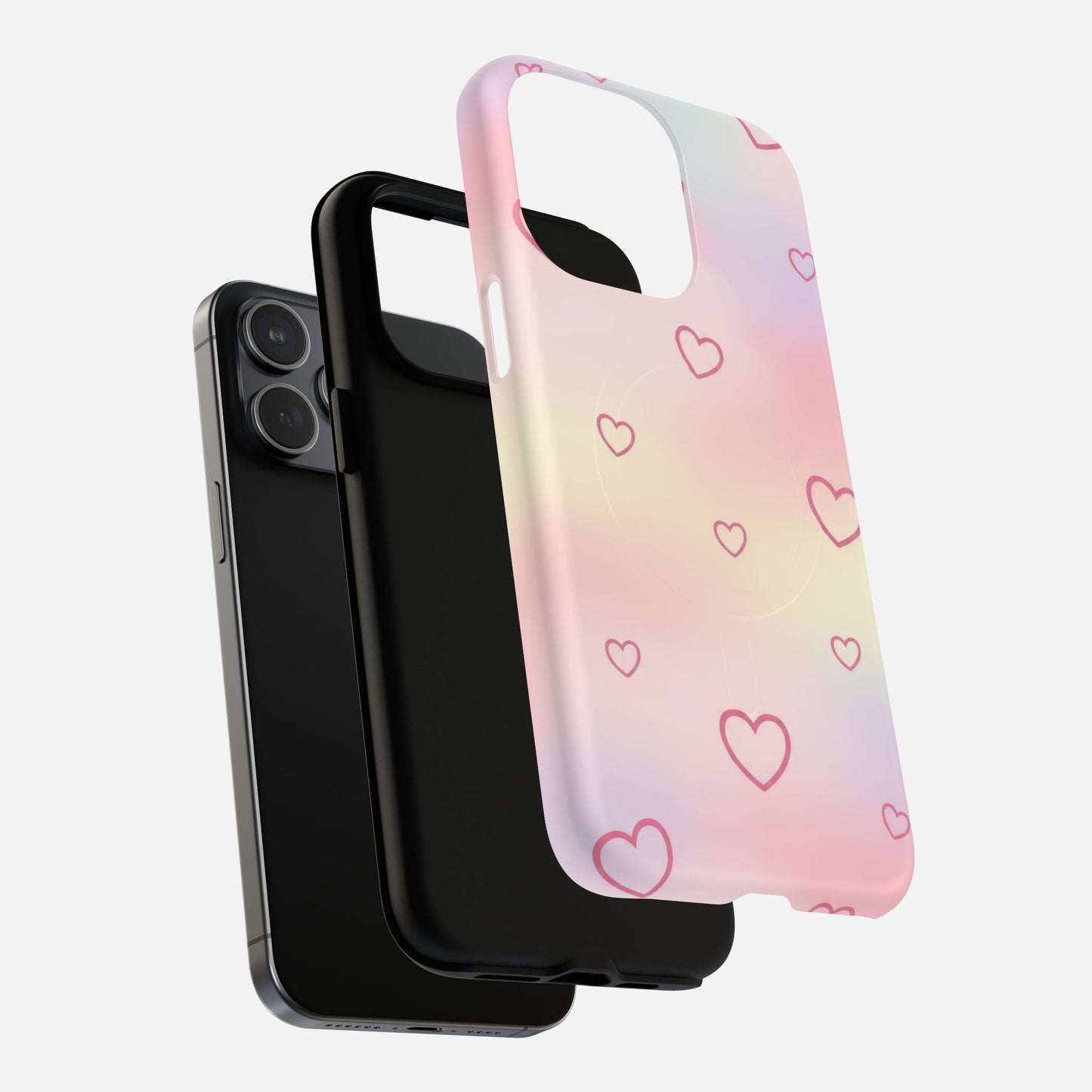 Pastel gradient phone case with pink heart pattern, fits iPhone, stylish protective cover