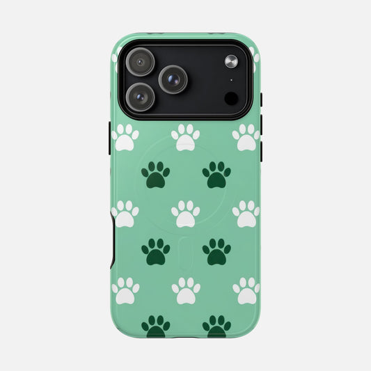 Paw Print Tough Magnetic Phone Case — Mint Green Pet Lover Protective Case iPhone 17 Pro Max Glossy Phone Case