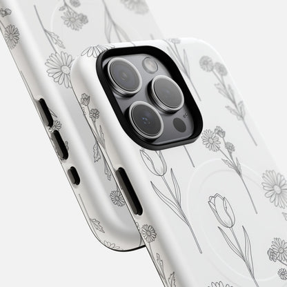 Floral Sketch Minimal Black Line Flower Design iPhone Case — Tough Magnetic | MagSafe Compatible