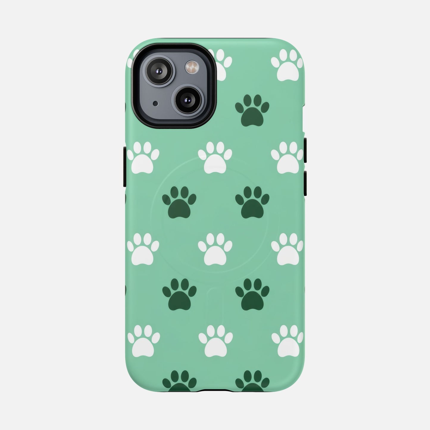 Mint green phone case with white and dark green paw print pattern, compatible with iPhone 13