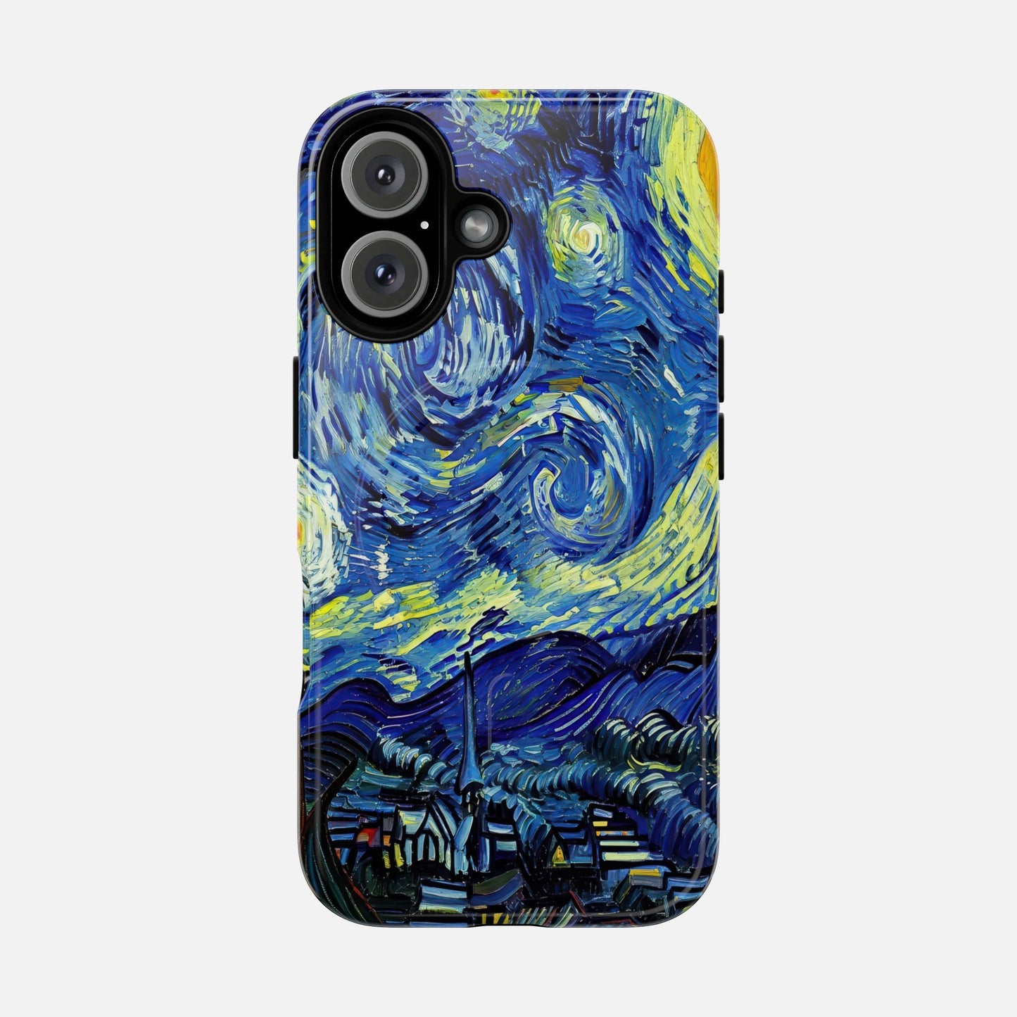 Van Gogh Starry Night phone case with swirling blue and yellow art design