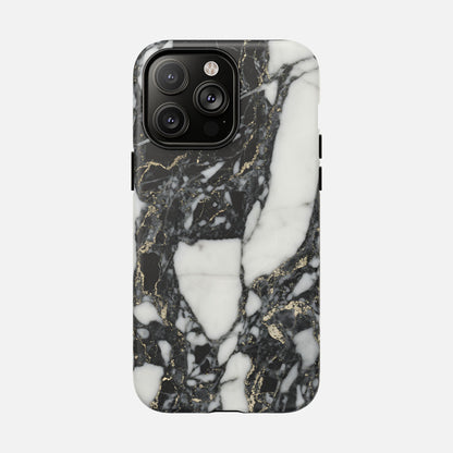 Black and white marble phone case with gold accents, modern protective design