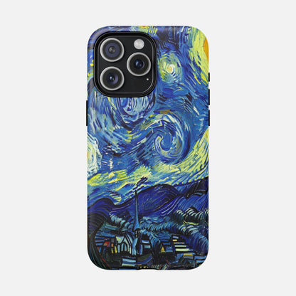 Van Gogh Starry Night phone case with swirling blue and yellow art design for iPhone