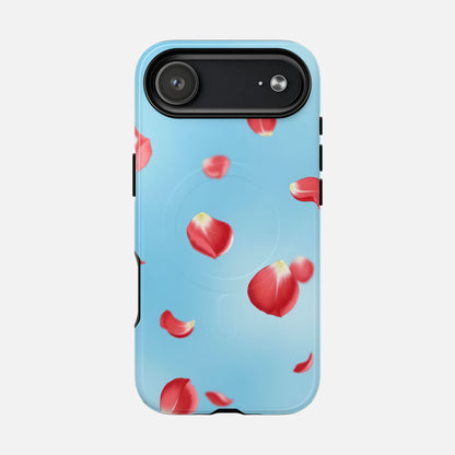 Light blue phone case with red rose petals design, modern floral pattern for iPhone protection