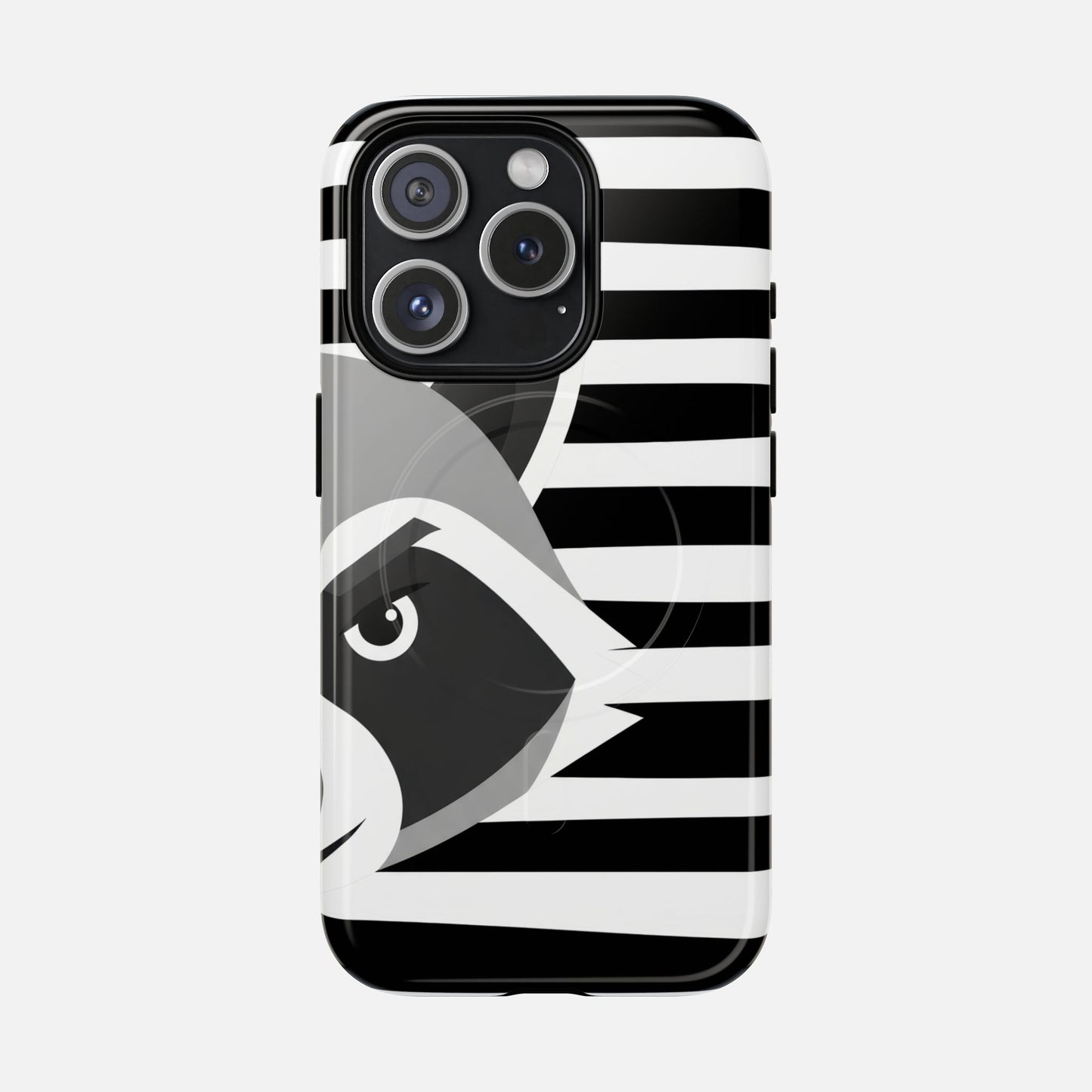 Raccoon Stripe Tough Magnetic Phone Case — Black & White Animal Design iPhone 15 Pro Glossy Phone Case