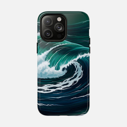 Ocean wave phone case with teal and navy design, protective cover for iPhone