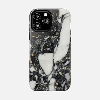 Black marble phone case with white and gold veining, modern and stylish design
