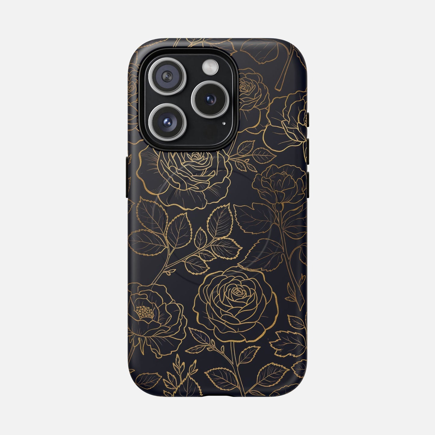 Floral Gold Outline Tough Magnetic Case — Elegant Black Rose Phone Cover iPhone 15 Pro Matte Phone Case