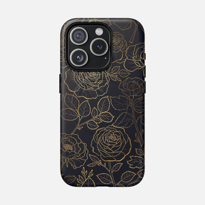 Floral Gold Outline Tough Magnetic Case — Elegant Black Rose Phone Cover iPhone 15 Pro Matte Phone Case