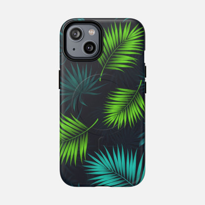 Tropical Palm Tough Magnetic Phone Case — Protective Magnetic iPhone Cover with Green Leaf Design iPhone 14 Matte Phone Case