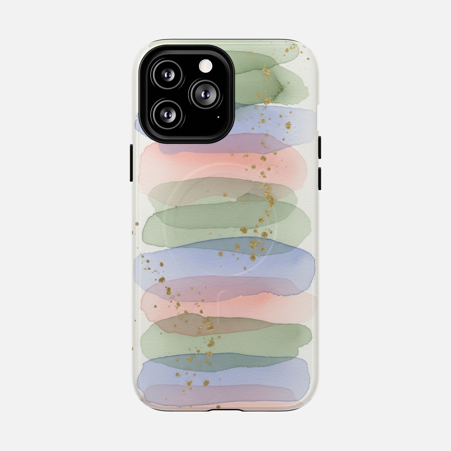Pastel watercolor phone case with gold glitter, soft green, blue, pink stripes for iPhone