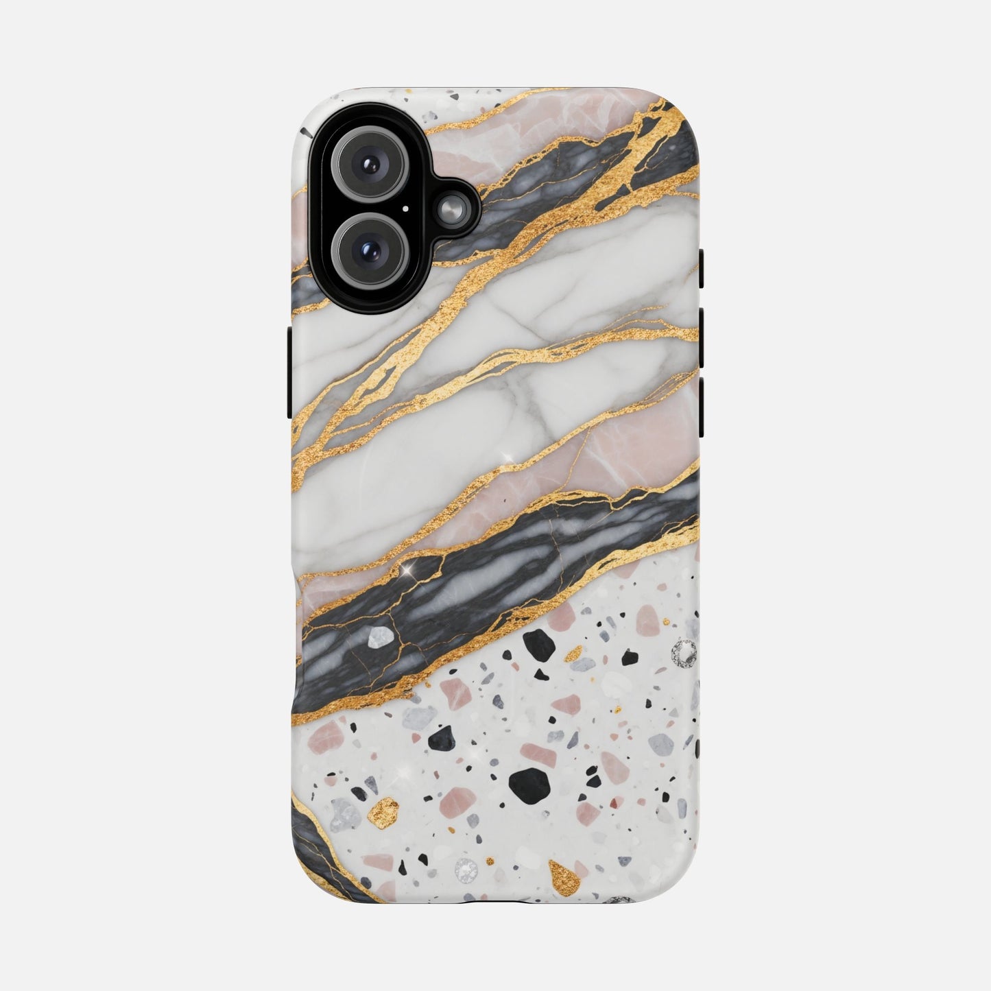 Elegant marble and gold phone case with terrazzo pattern, stylish protection for iPhone