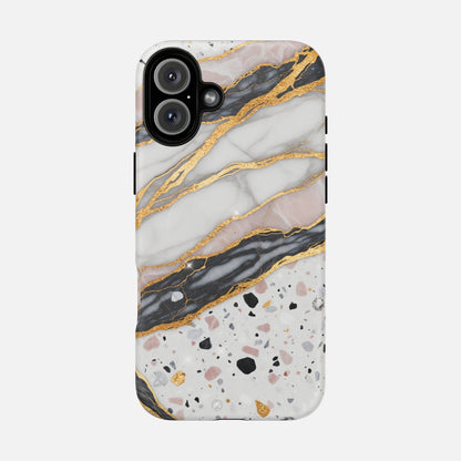 Elegant marble and gold phone case with terrazzo pattern, stylish protection for iPhone