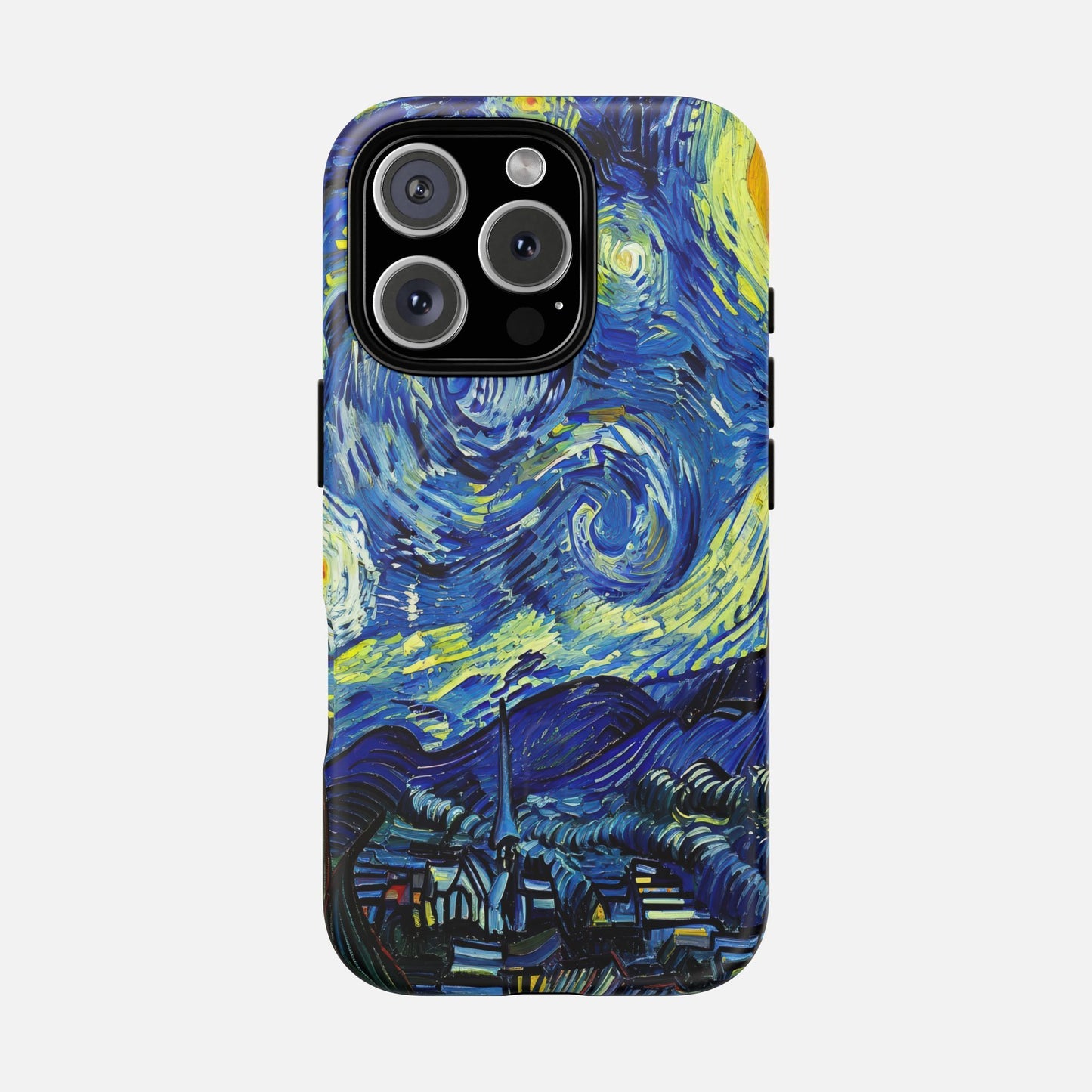 iPhone case with Van Gogh's Starry Night artwork, vibrant blue and yellow swirls, creative design