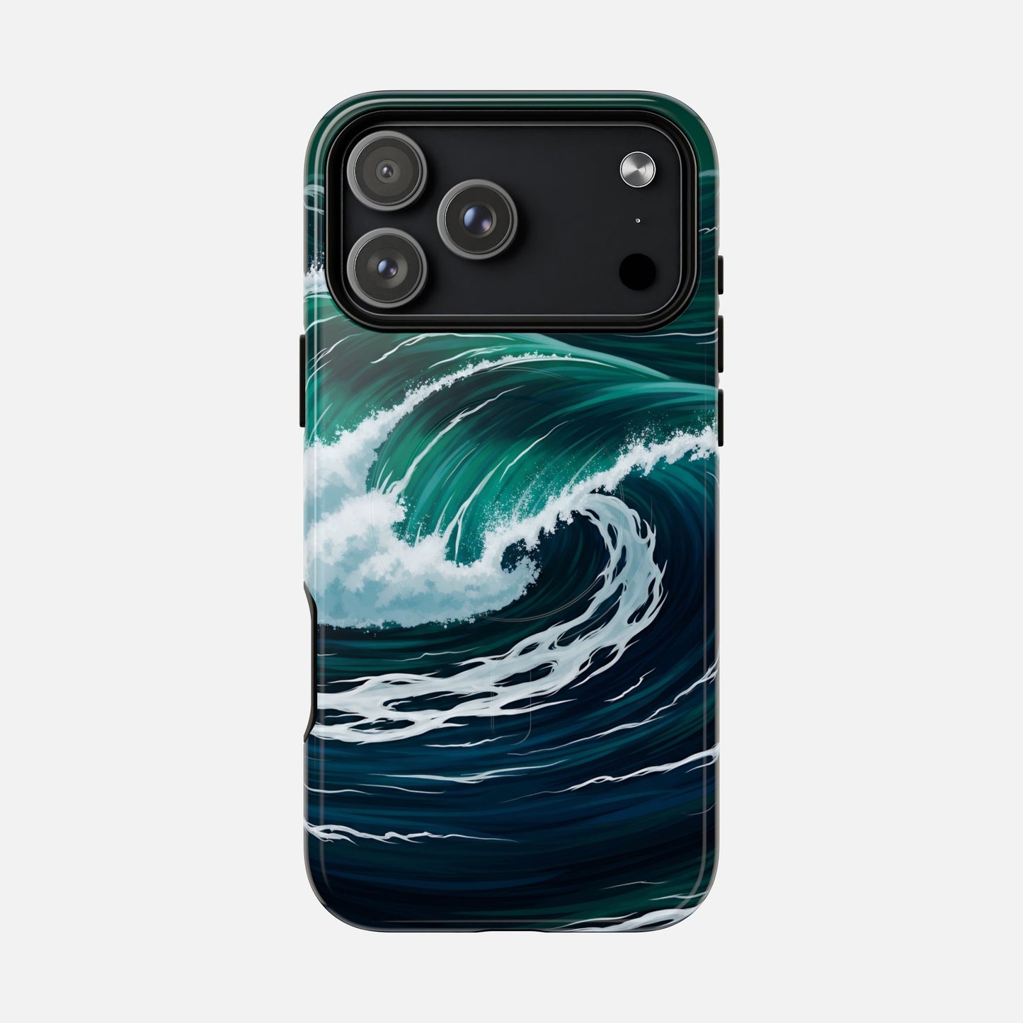 Ocean wave phone case with teal and blue surf design, protective cover for iPhone