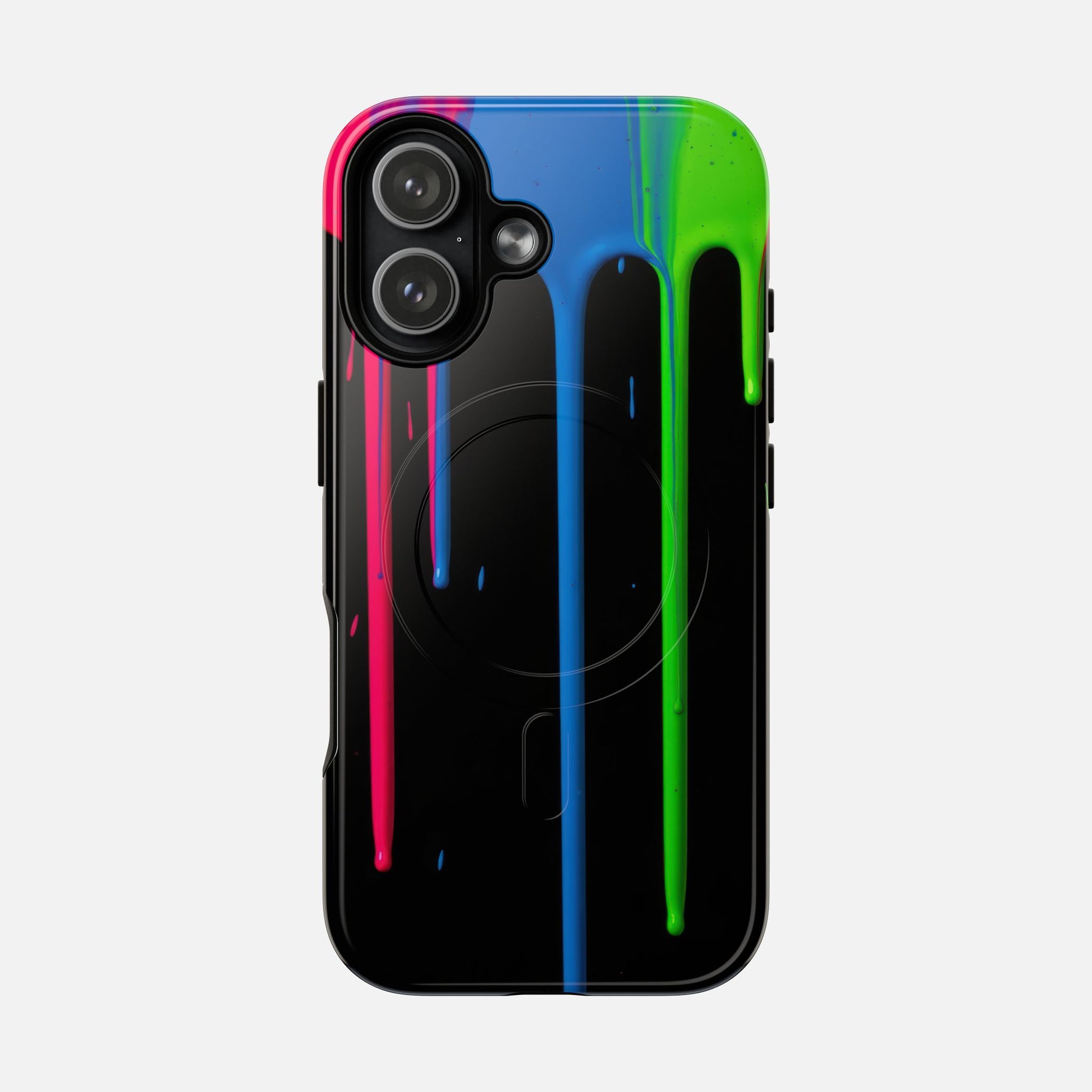 Neon Drip Tough Magnetic Case – Black Phone Cover with Bright Pink, Blue & Green Paint Drips iPhone 17 Glossy Phone Case